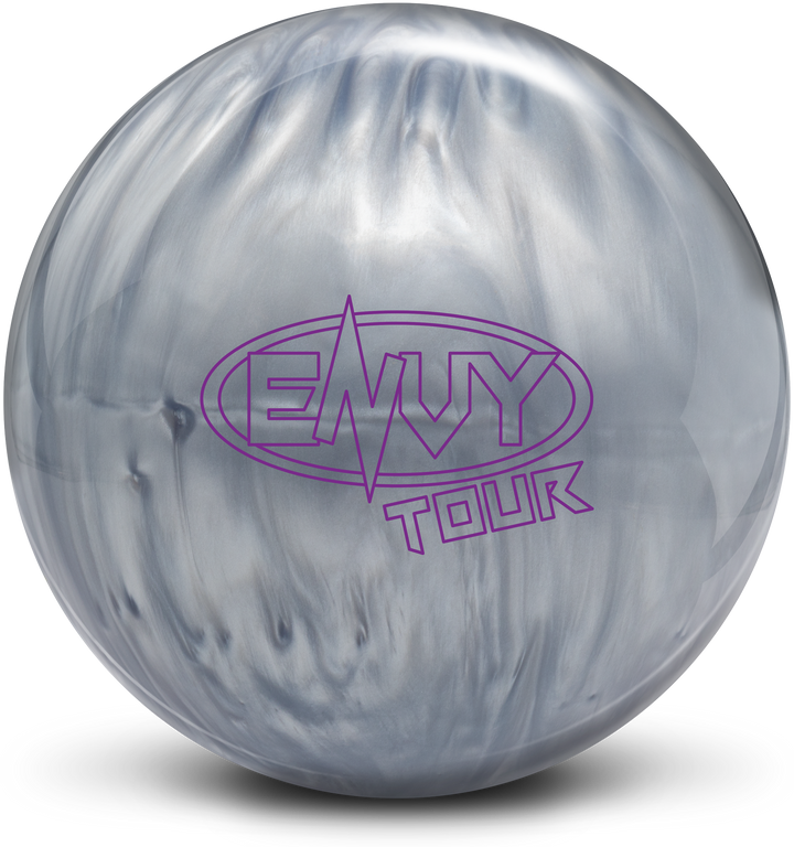 A chrome silver colored bowling ball with the Envy Tour logo in purple centered prominently.
