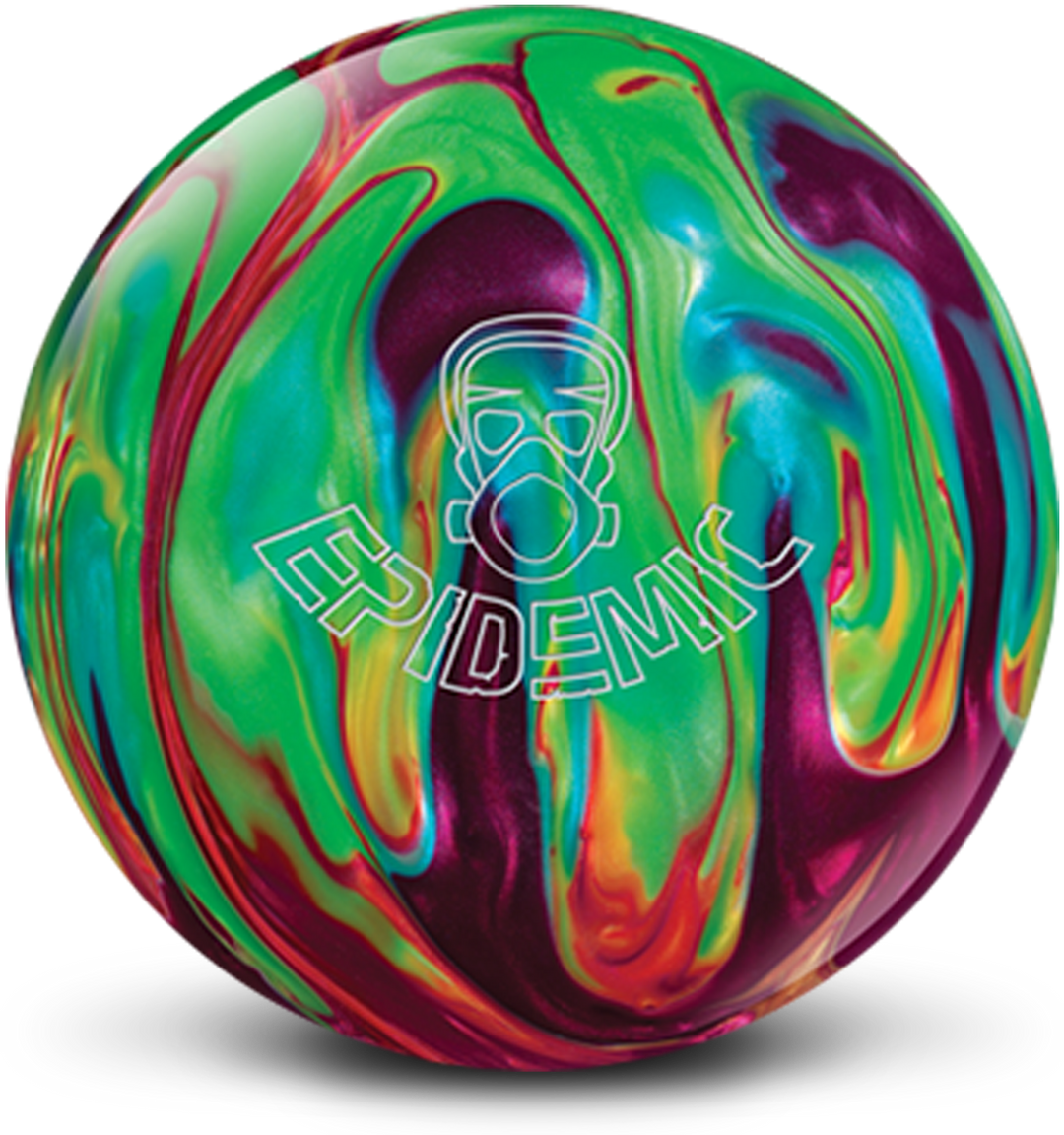 A "Full Spectrum" colored bowling ball with green, light blue, red, yellow, and purple along with the Epidemic logo in white centered prominently.