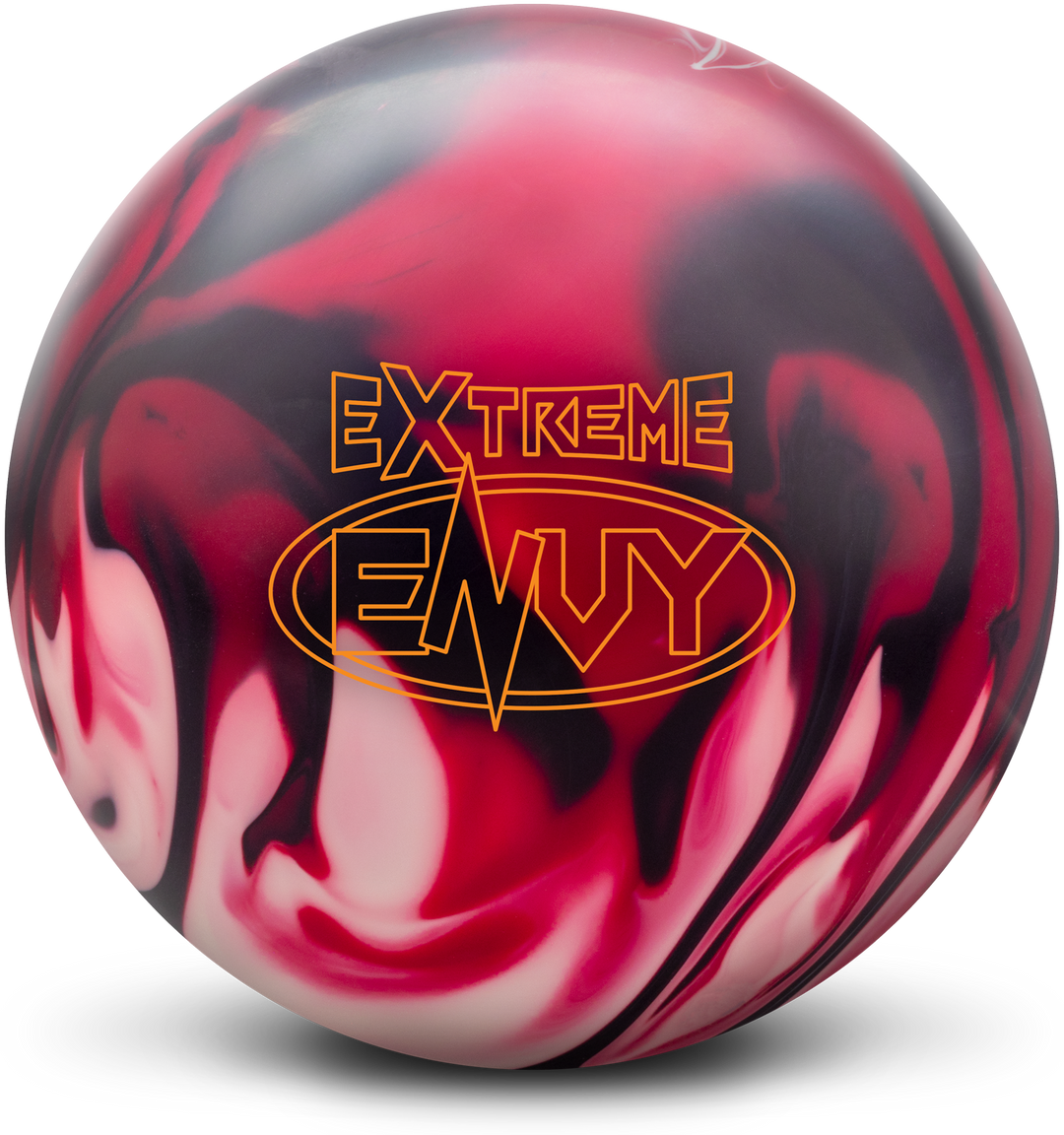 A crimson red, black, and white colored bowling ball with the Extreme Envy logo in orange centered prominently.
