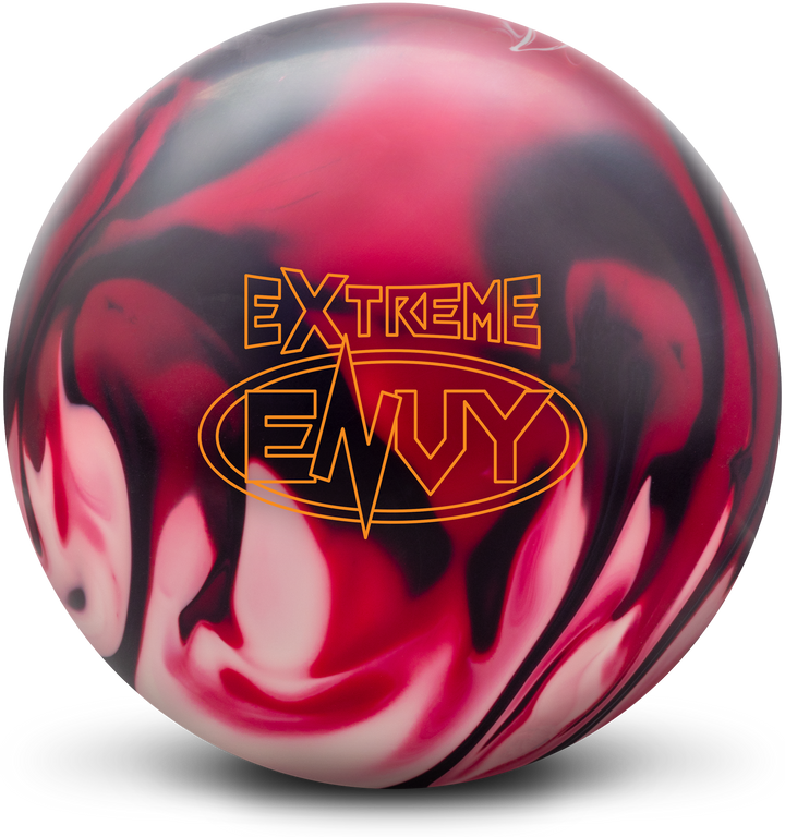 A crimson red, black, and white colored bowling ball with the Extreme Envy logo in orange centered prominently.