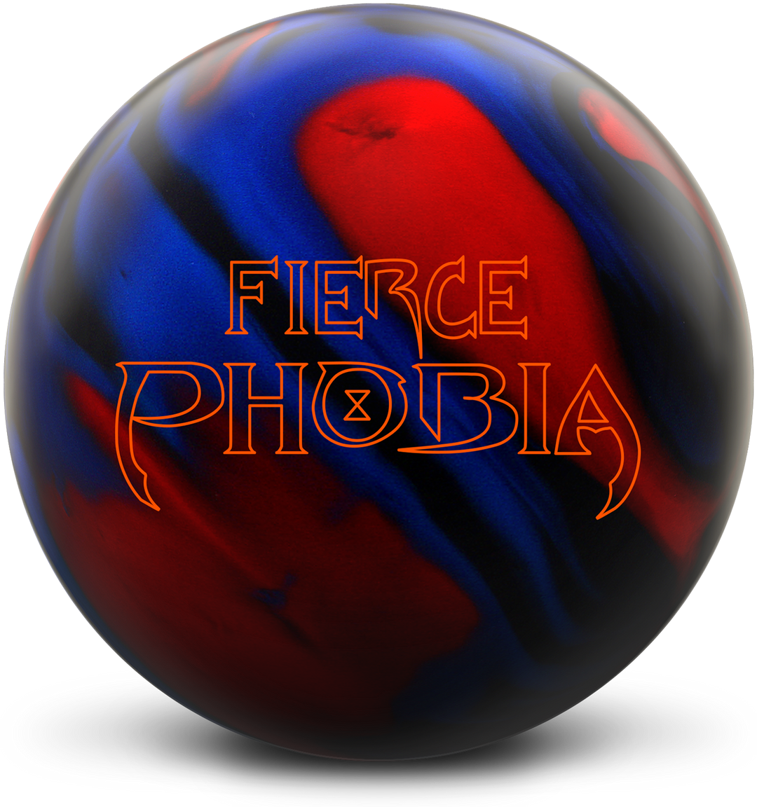 A blue, red, and black colored bowling ball with the Fierce Phobia logo in orange centered prominently.
