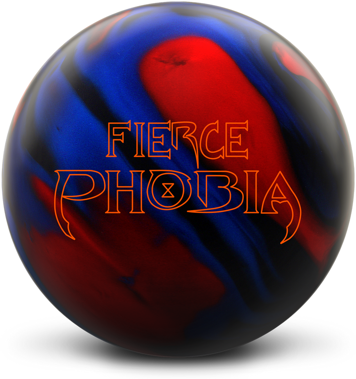 A blue, red, and black colored bowling ball with the Fierce Phobia logo in orange centered prominently.