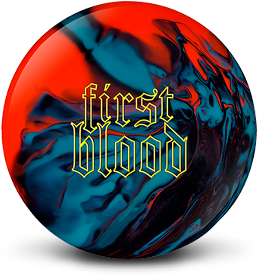 An orange, blue, and silver colored bowling ball with the First Blood logo in bright yellow centered prominently.