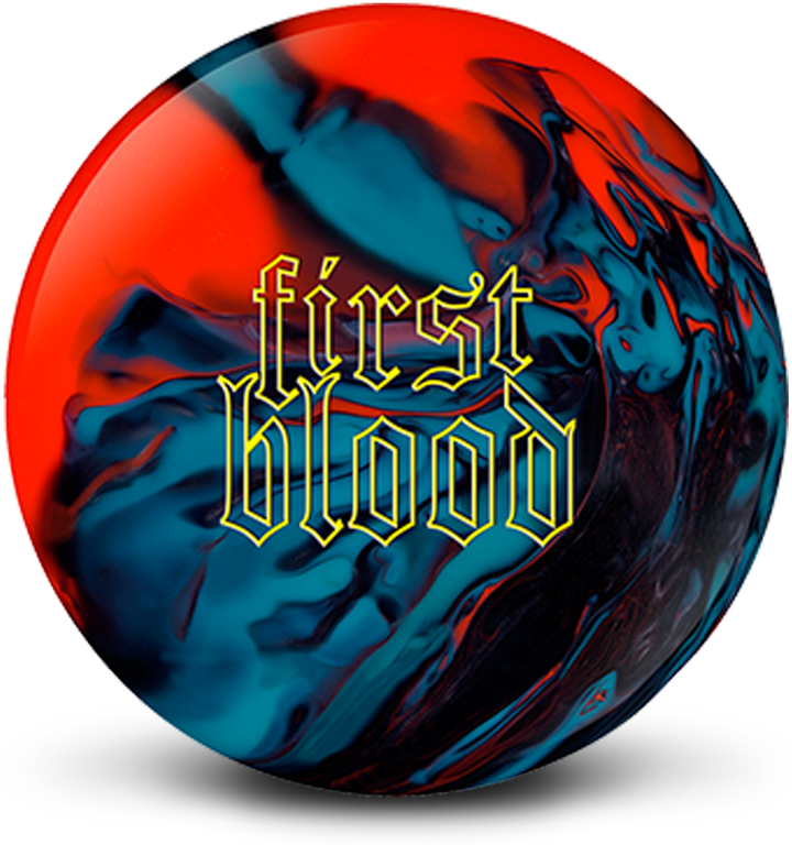 An orange, blue, and silver colored bowling ball with the First Blood logo in bright yellow centered prominently.