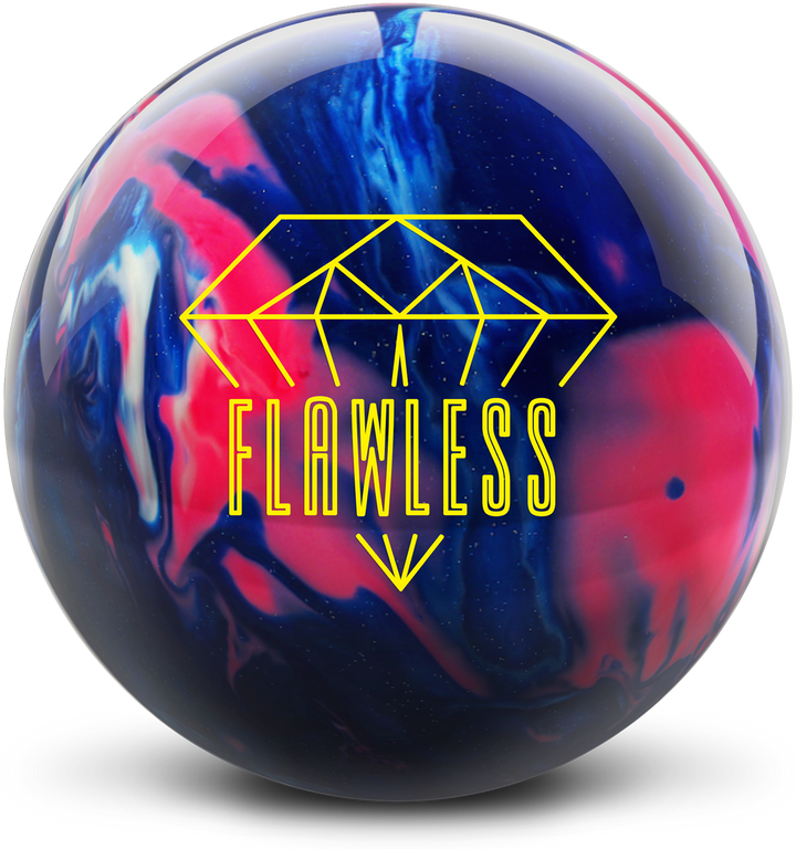A pink, blue, and white bowling ball with the Flawless logo in bright yellow centered prominently.