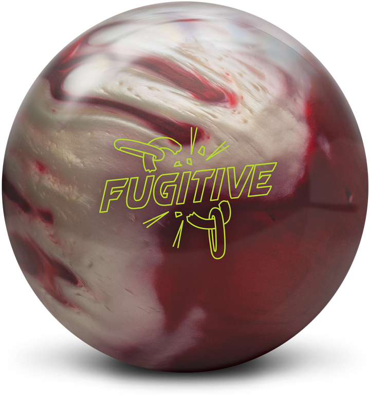 A red and silver colored bowling ball with the Fugitive logo in neon yellow centered prominently.