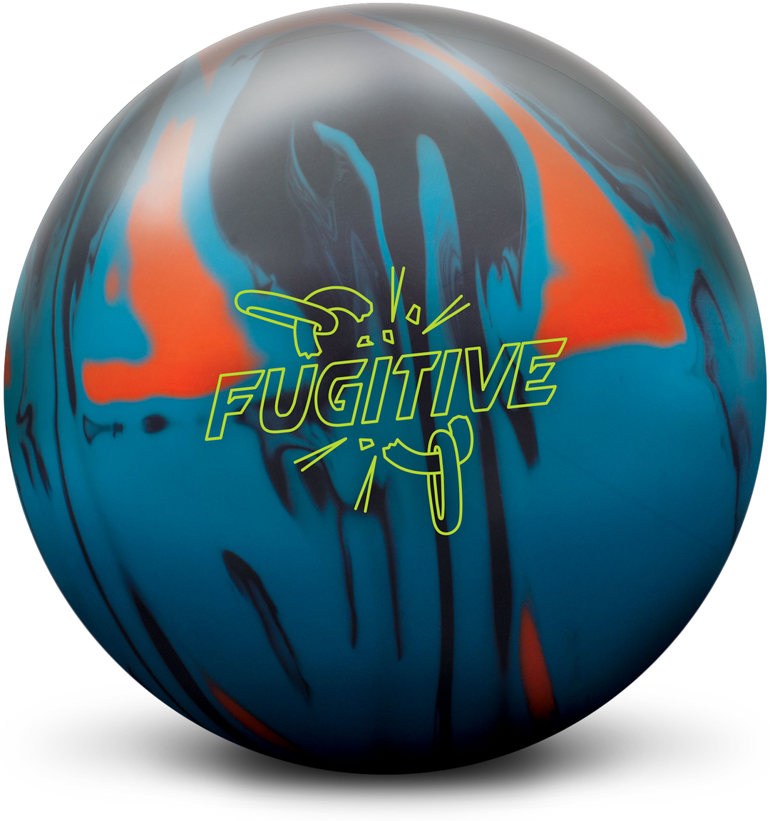 A blue, black, and orange colored bowling ball with the Fugitive logo in neon yellow centered prominently.