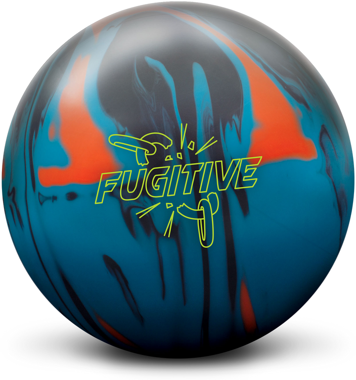 A blue, black, and orange colored bowling ball with the Fugitive logo in neon yellow centered prominently.