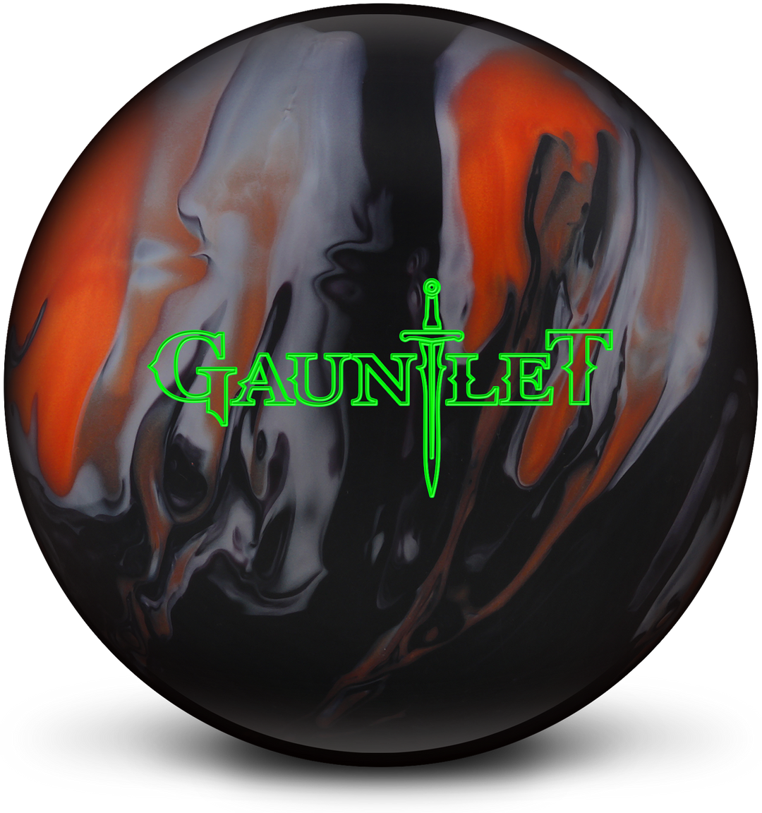 An orange, black, and silver colored bowling ball with the Gauntlet logo in neon green centered prominently.