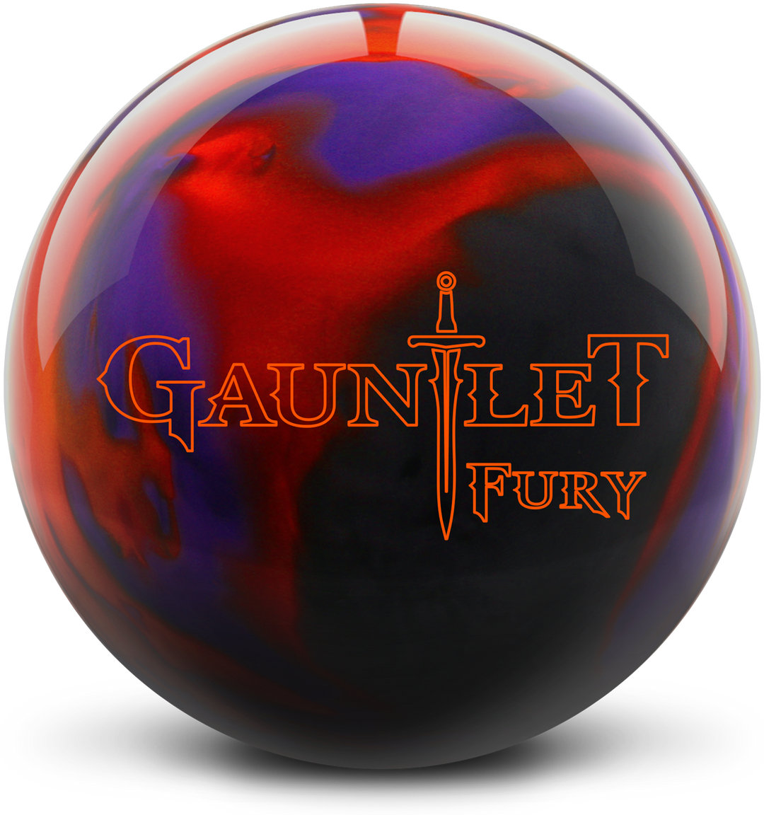 A purple, smoke grey, and orange colored bowling ball with the Gauntlet Fury logo in orange centered prominently.