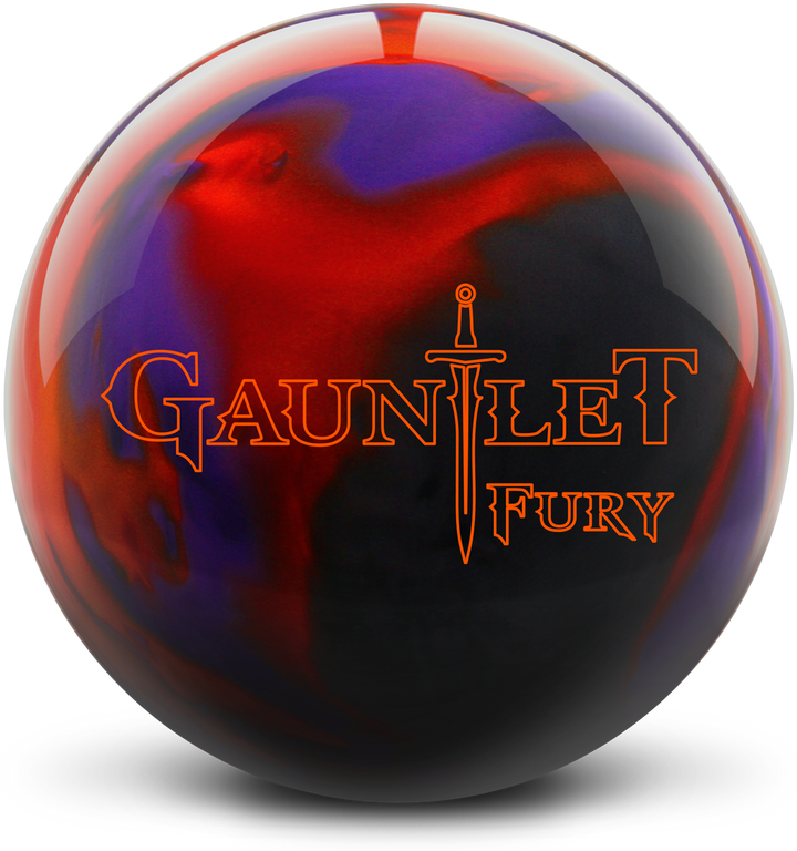 A purple, smoke grey, and orange colored bowling ball with the Gauntlet Fury logo in orange centered prominently.