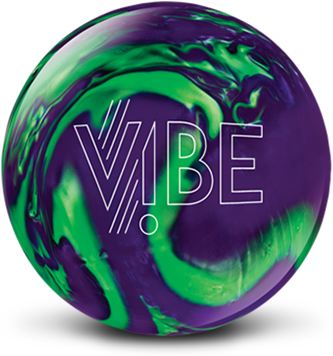 A grape-purple colored bowling ball with bright green swirls and the VIBE logo in white centered prominently.