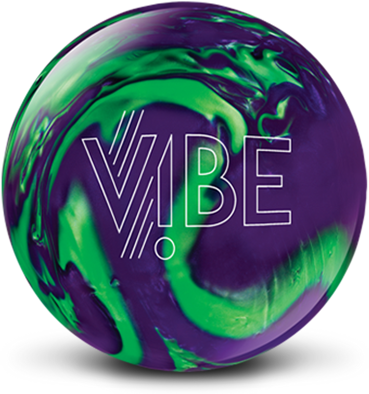 A grape-purple colored bowling ball with bright green swirls and the VIBE logo in white centered prominently.