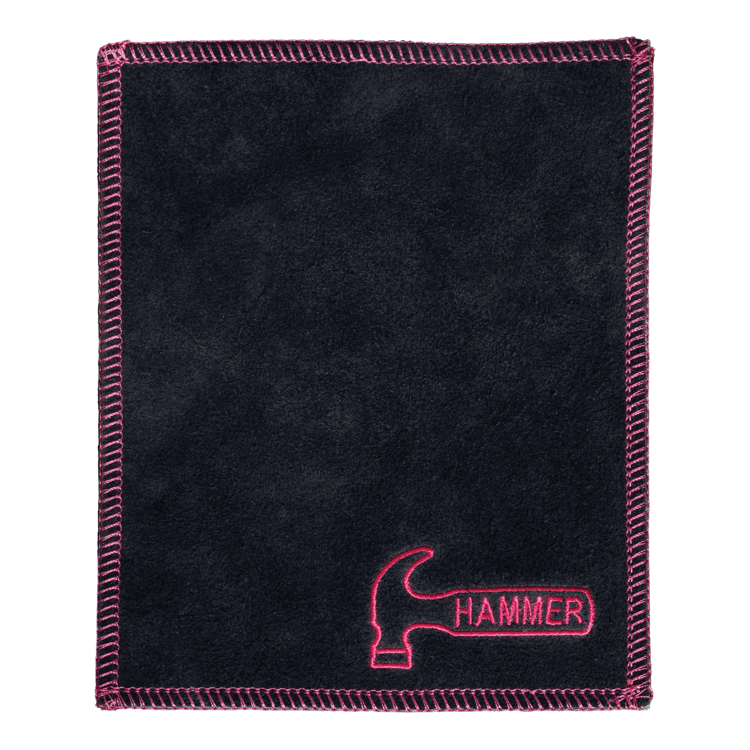 A black shammy pad with pink stitching around all edges and the Hammer logo embroidered in pink in the lower right corner.