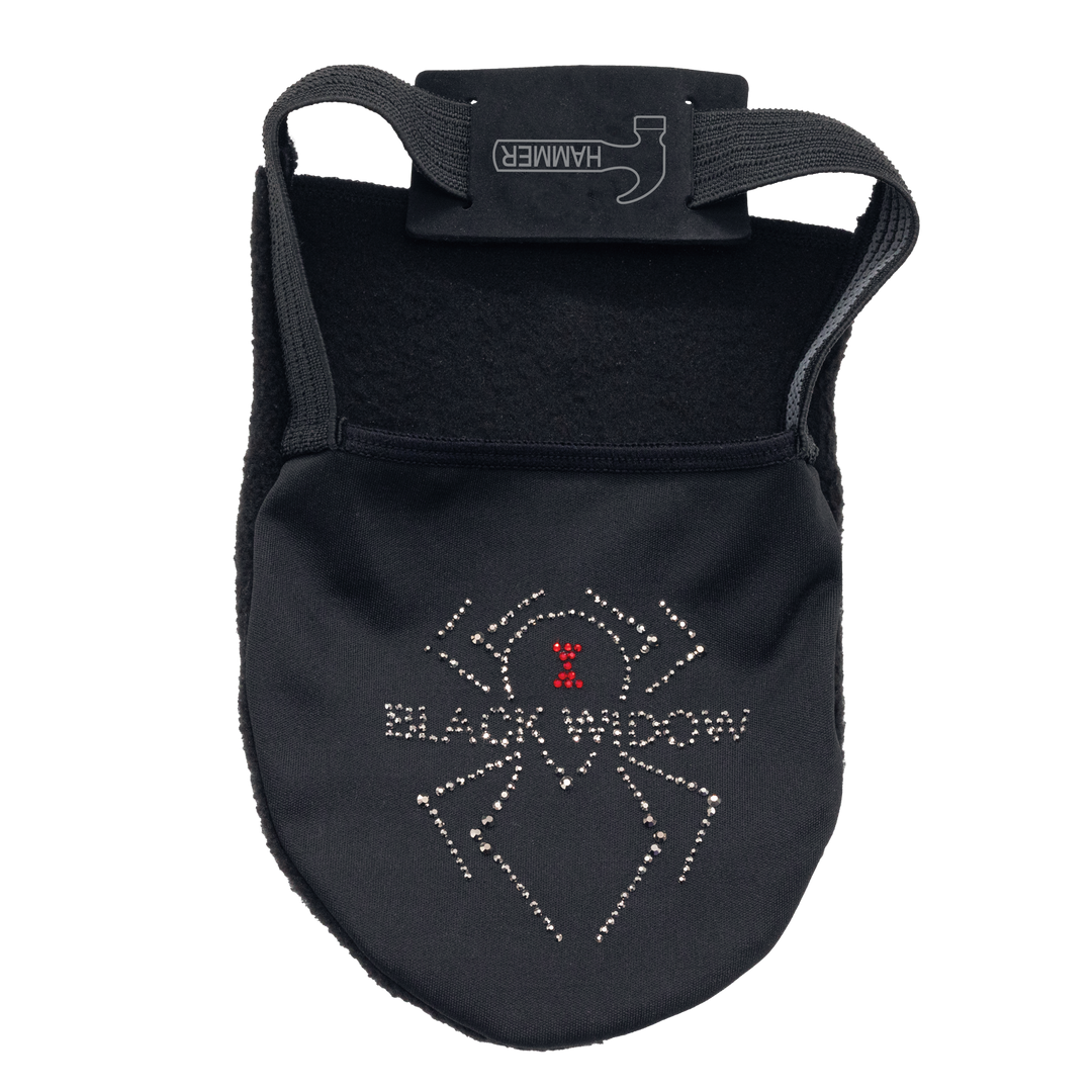 A black shoe slider with the Black Widow logo affixed to the top, front toe section in sparkle gems, as well as a small grey Hammer logo printed on the strap that goes around the back of the shoe.