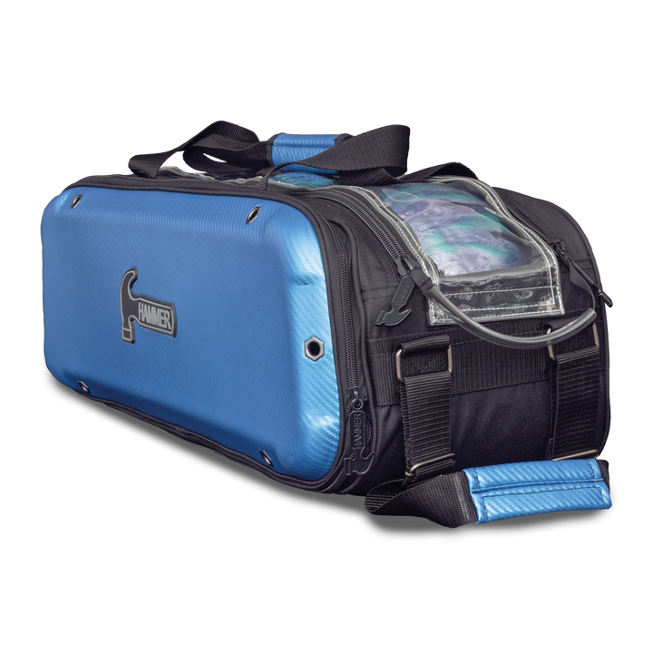 Carbon Shield Triple Tote Blue three-quarter view facing left collapsed side pocket