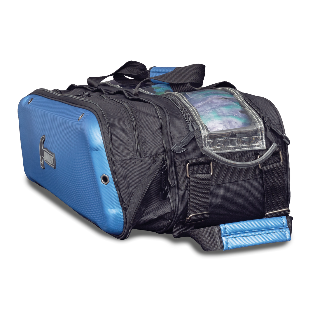Carbon Shield Triple Tote Blue three-quarter view facing left expanded side pocket