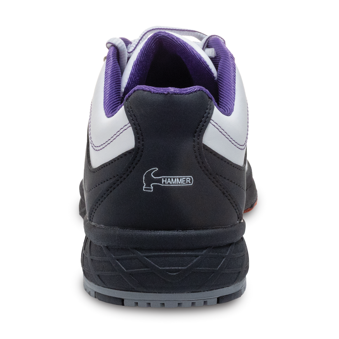 The white, black, and purple Destiny right shoe in a straight-on view of the back with a small white Hammer logo in the center.