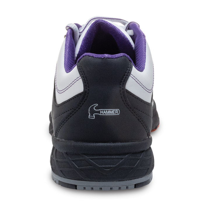 The white, black, and purple Destiny right shoe in a straight-on view of the back with a small white Hammer logo in the center.