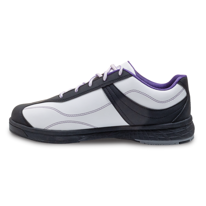 The white, black, and purple Destiny right shoe in a straight-on view of the inner side with the toe pointing to the left.