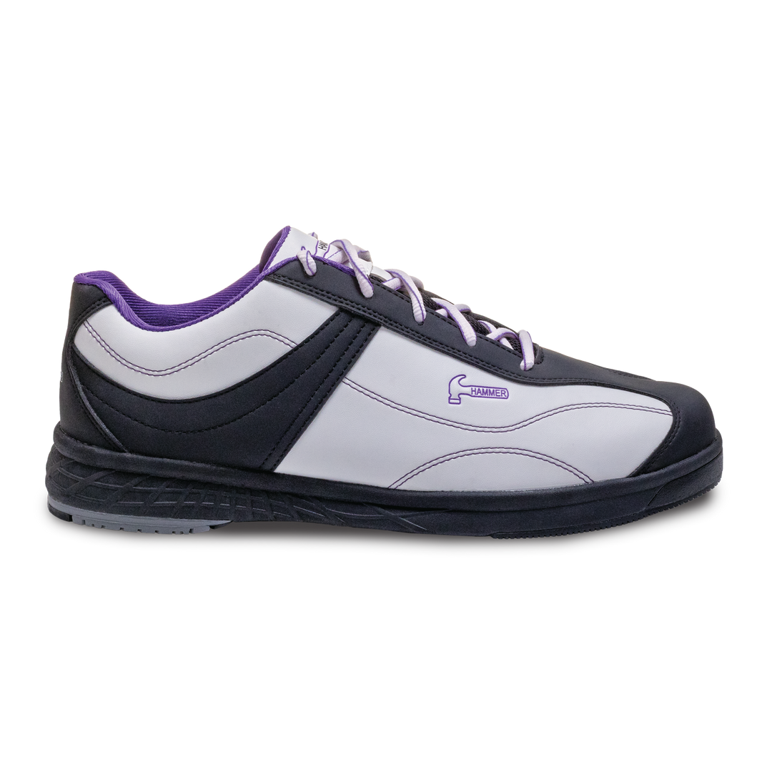 The white, black, and purple Destiny right shoe in a straight-on view of the outer side with the toe pointing to the right.