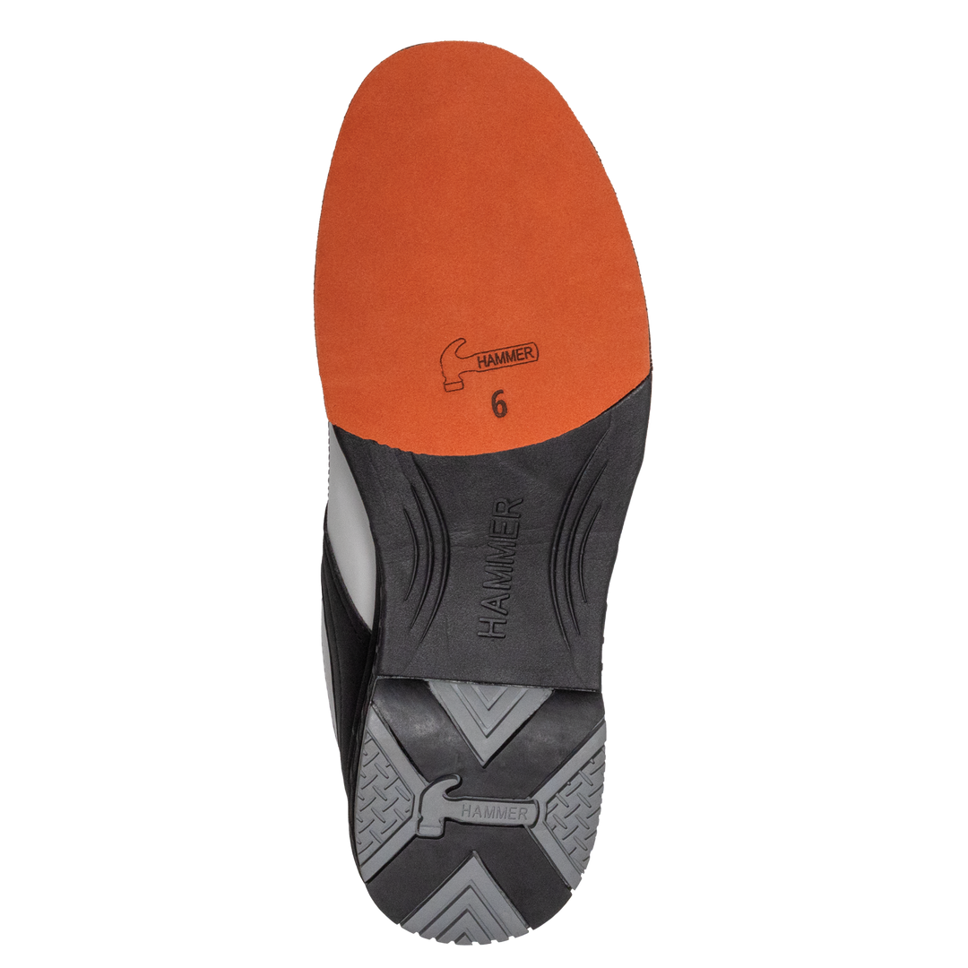 A straight-on view looking up at the bottom or sole of the white, black, and purple Destiny left shoe with the word Hammer carved out in the middle of the shoe, or the bridge, with another small Hammer logo along with the number six in the orange sole pad and another Hammer logo molded in the heel.