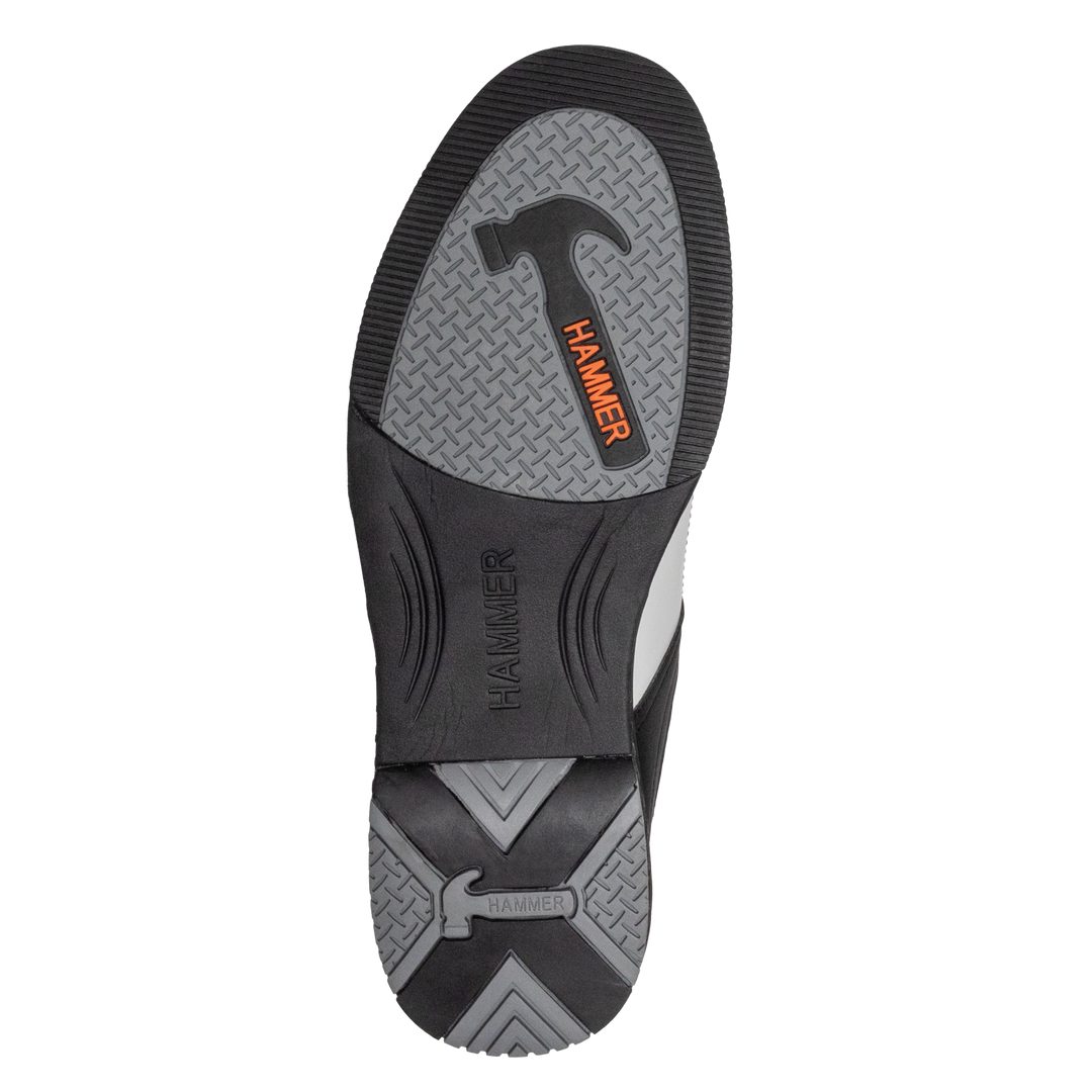 A straight-on view looking up at the bottom or sole of the white, black, and purple Destiny right shoe with the word Hammer carved out in the middle of the shoe or the bridge with another Hammer logo in the sole area and another in the heel.