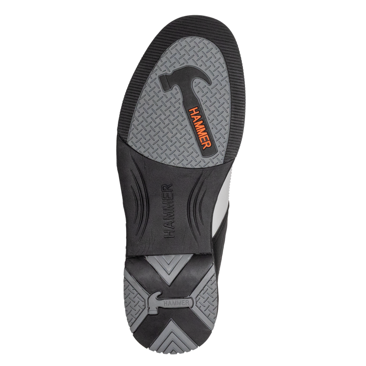 A straight-on view looking up at the bottom or sole of the white, black, and purple Destiny right shoe with the word Hammer carved out in the middle of the shoe or the bridge with another Hammer logo in the sole area and another in the heel.