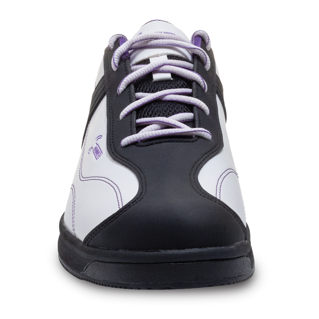 The white, black, and purple Destiny right shoe in a straight-on view of the toe.