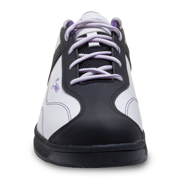 The white, black, and purple Destiny right shoe in a straight-on view of the toe.