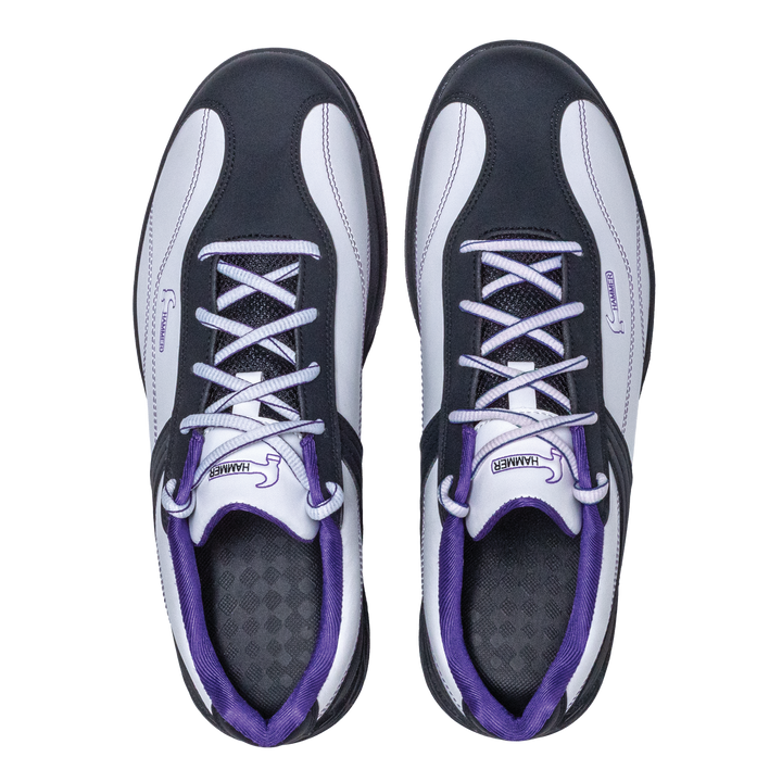 The white, black, and purple pair of Destiny shoes in a straight-on view looking directly down on the tops of both shoes next to each other.