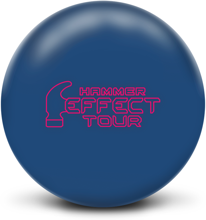 A blue colored bowling ball with the Hammer Effect Tour logo in magenta centered prominently.