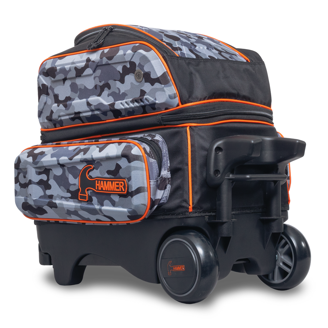 Hammer Gantlet Double Roller Camo laying down side three-quarter view with the base and wheels facing right.