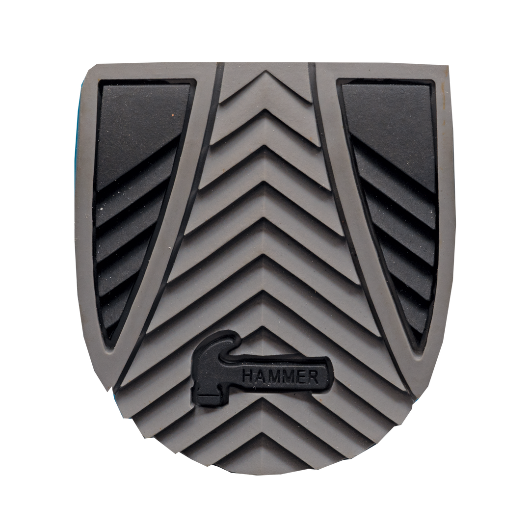 A black and grey Grooved heel with sharp ridges molded in the shape with a black Hammer logo also molded into the shape.
