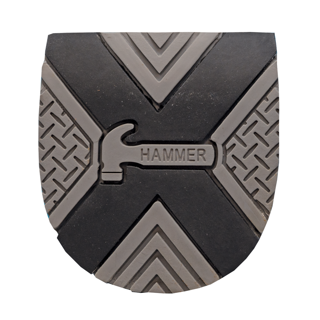 A black and grey Traditional shoe Heel with a large black "X" across the middle of the heel with a grey Hammer logo molded in the center.