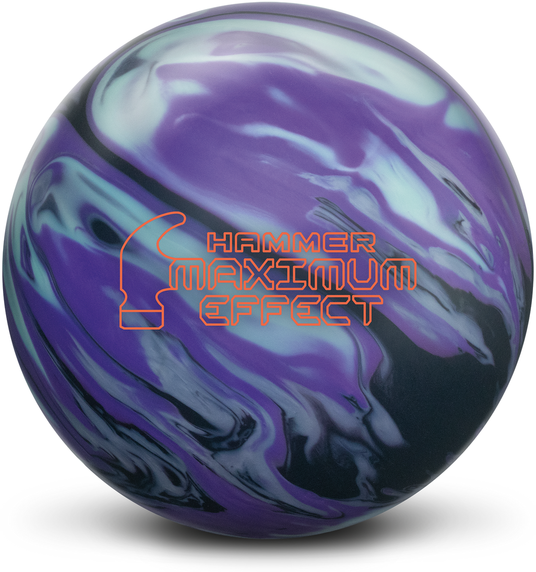 A black, lime, silver, and purple bowling ball with the Hammer Maximum Effect logo in orange centered prominently.
