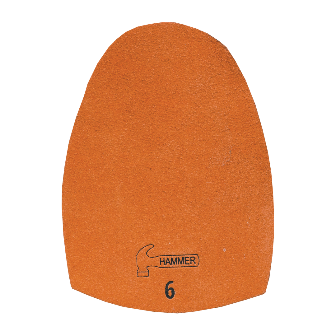 An orange colored Slide Sole with the number six and the Hammer logo printed in black.