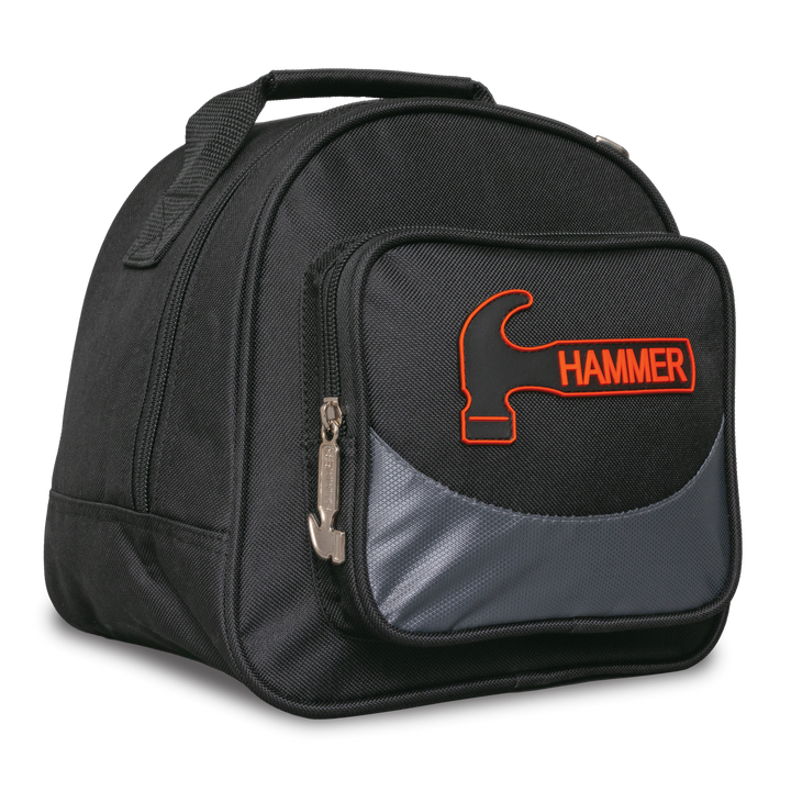 A black and grey single bowling ball bag with a 'Hammer' logo on the front pocket three-quarter view facing right.