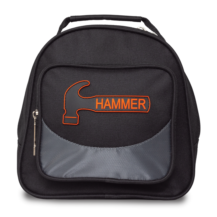A black and grey single bowling ball bag with a 'Hammer' logo on the front pocket straight-on view.