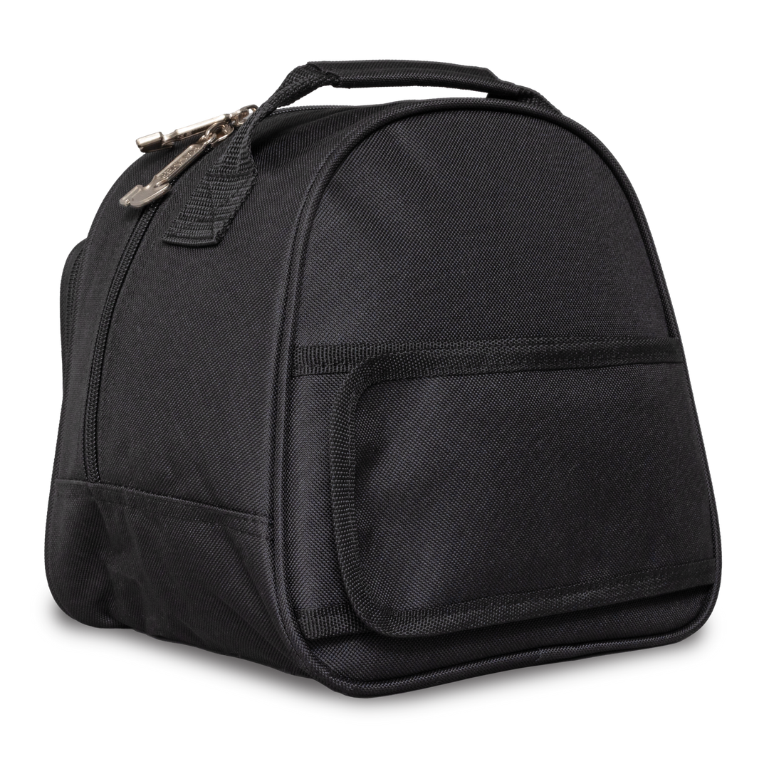 A black and grey single bowling ball bag with adjustable rear strap three-quarter view with the back facing right.
