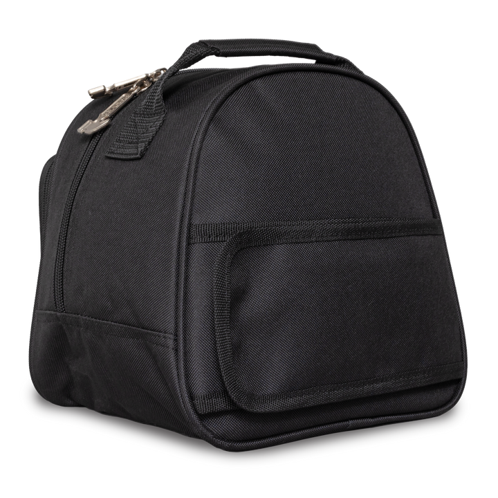 A black and grey single bowling ball bag with adjustable rear strap three-quarter view with the back facing right.