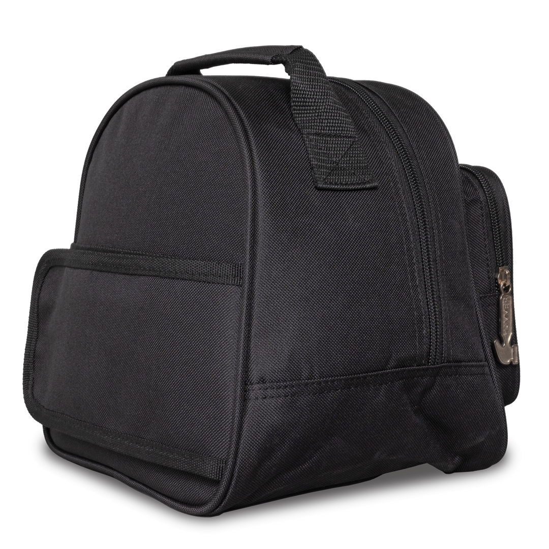 A black and grey single bowling ball bag with adjustable rear strap three-quarter view with the back facing left.