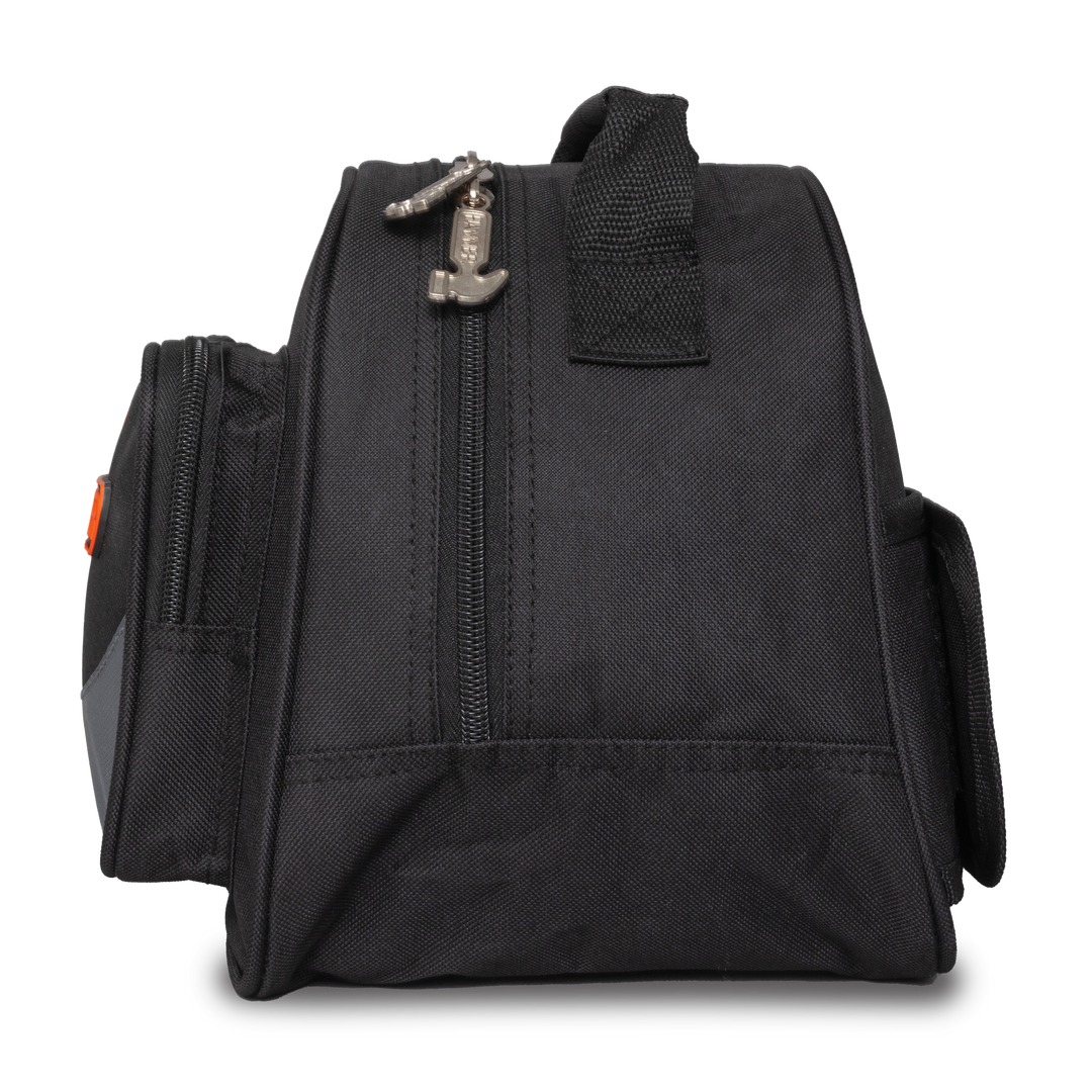 A black and grey single bowling ball bag with adjustable rear strap straight-on side view with the front facing left.