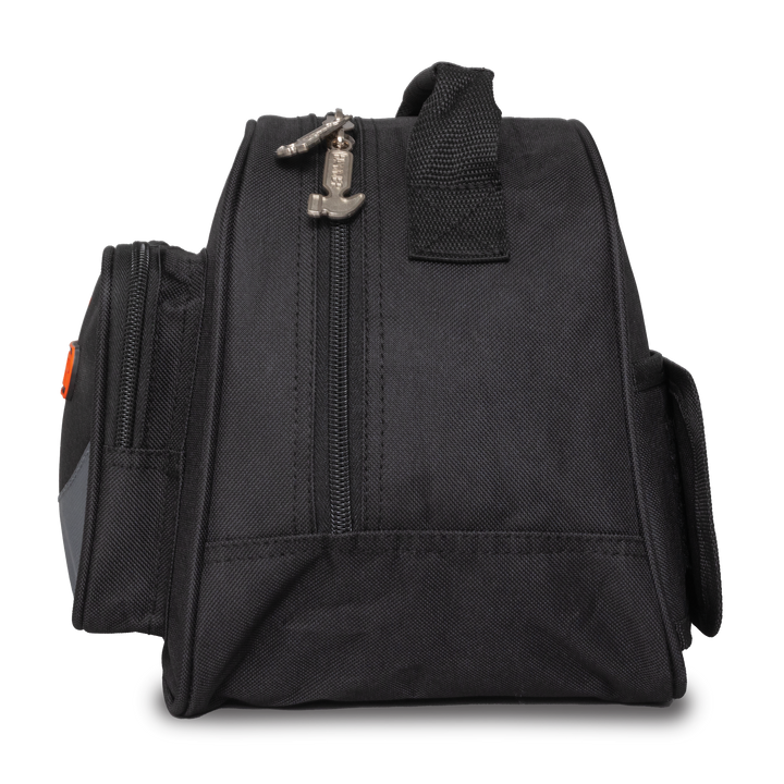 A black and grey single bowling ball bag with adjustable rear strap straight-on side view with the front facing left.
