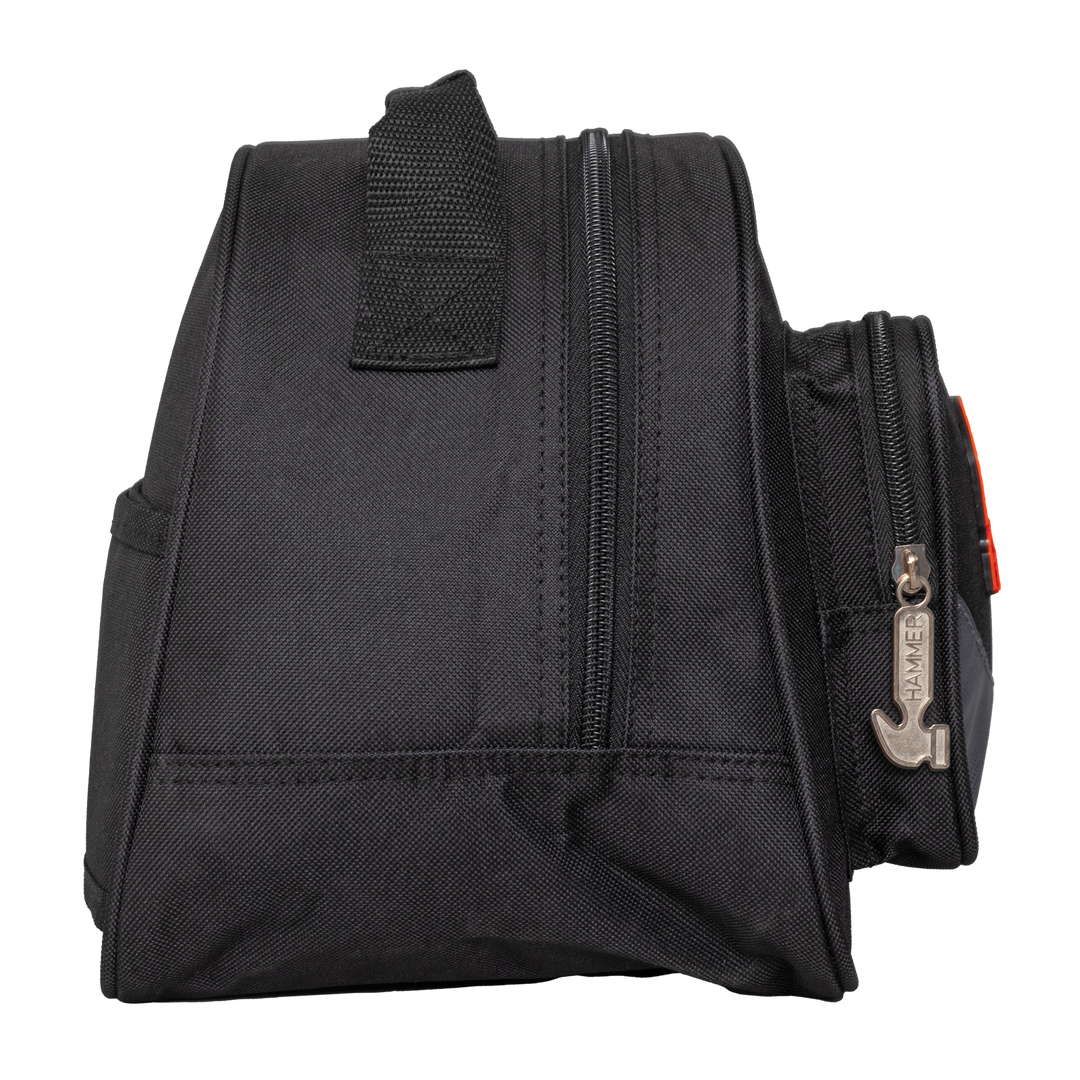 A black and grey single bowling ball bag with adjustable rear strap straight-on side view with the front facing right.