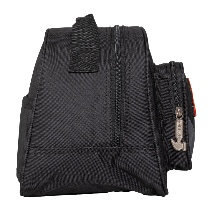 A black and grey single bowling ball bag with adjustable rear strap straight-on side view with the front facing right.