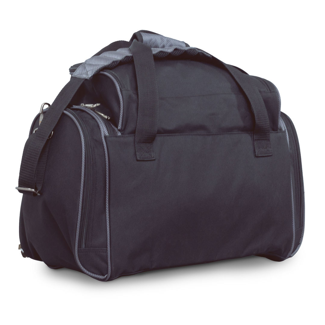 Premium Deluxe Double Tote black / grey three quarter rear view facing right.