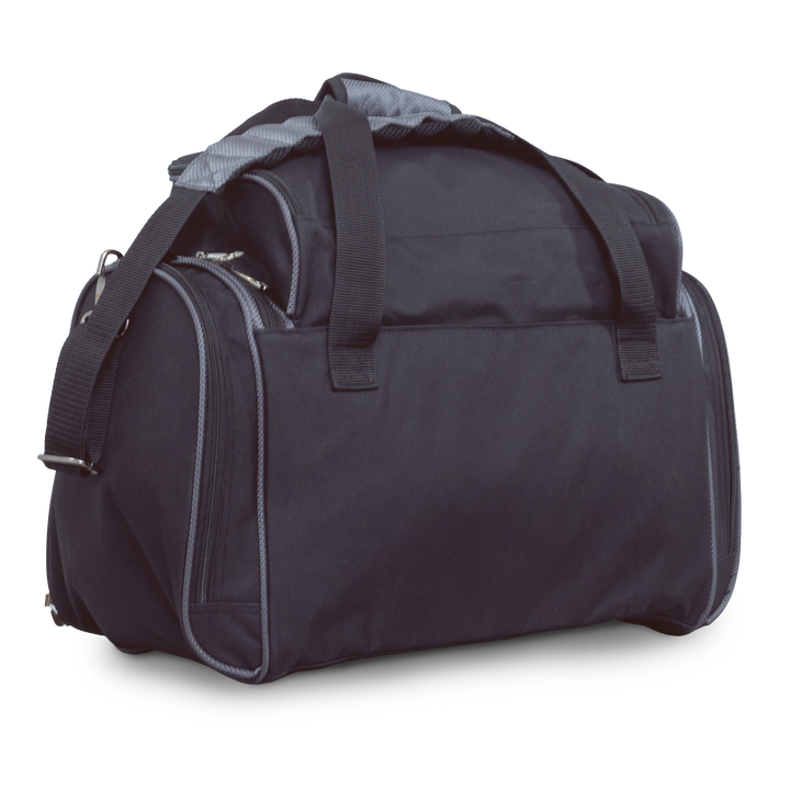 Premium Deluxe Double Tote black / grey three quarter rear view facing right.