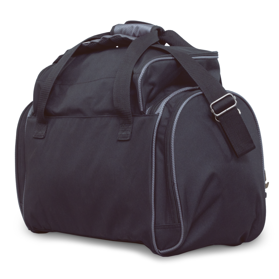 Premium Deluxe Double Tote black / grey three quarter rear view facing left.