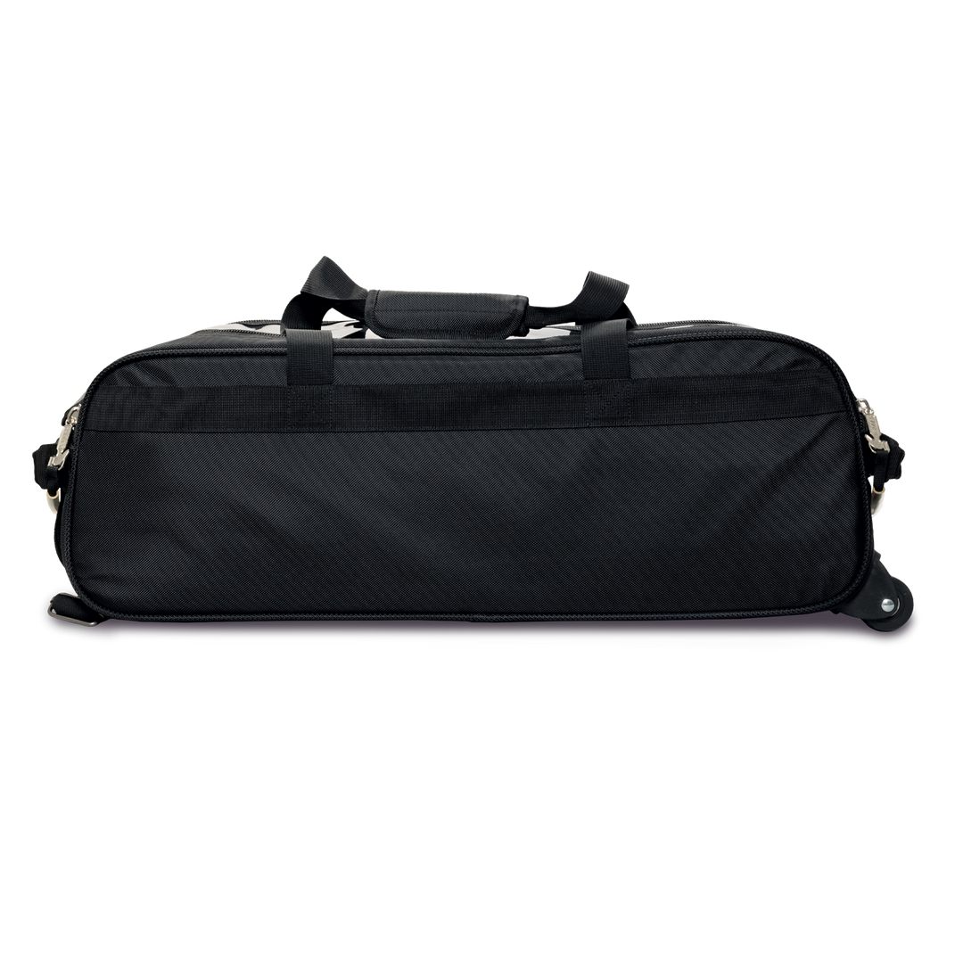Premium Slim Triple Tote Black side view of backside of bag.